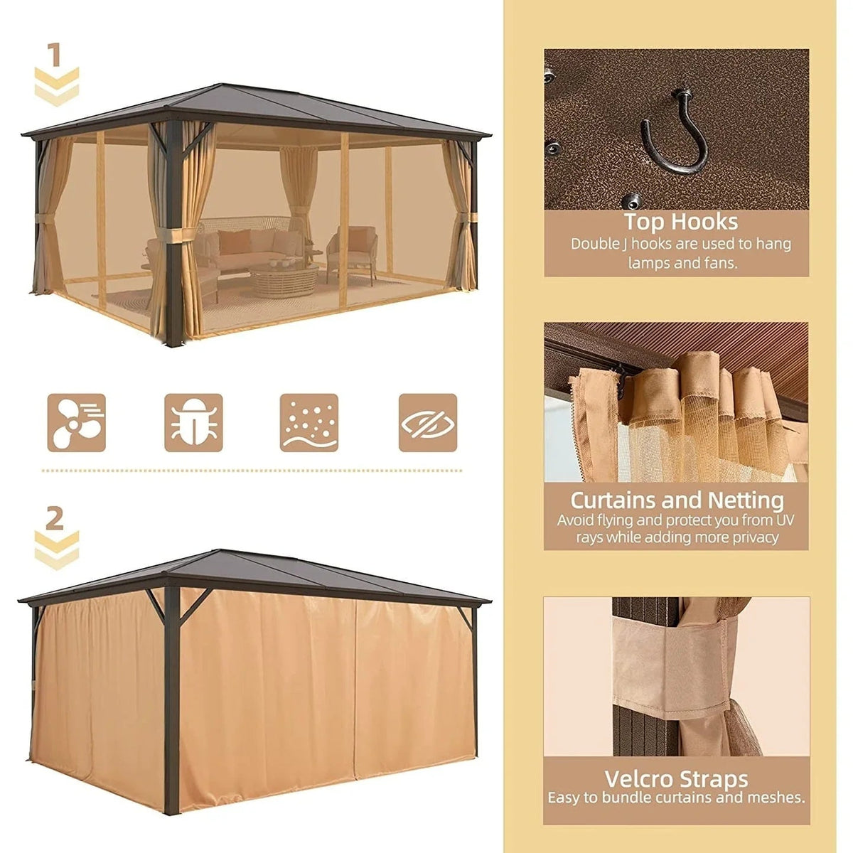 EROMMY hardtop-paviljoen, pergola voor buiten met dubbel dak, netten en gordijnen, extra stevig zonnescherm voor terras, achtertuin en zwembadfeest