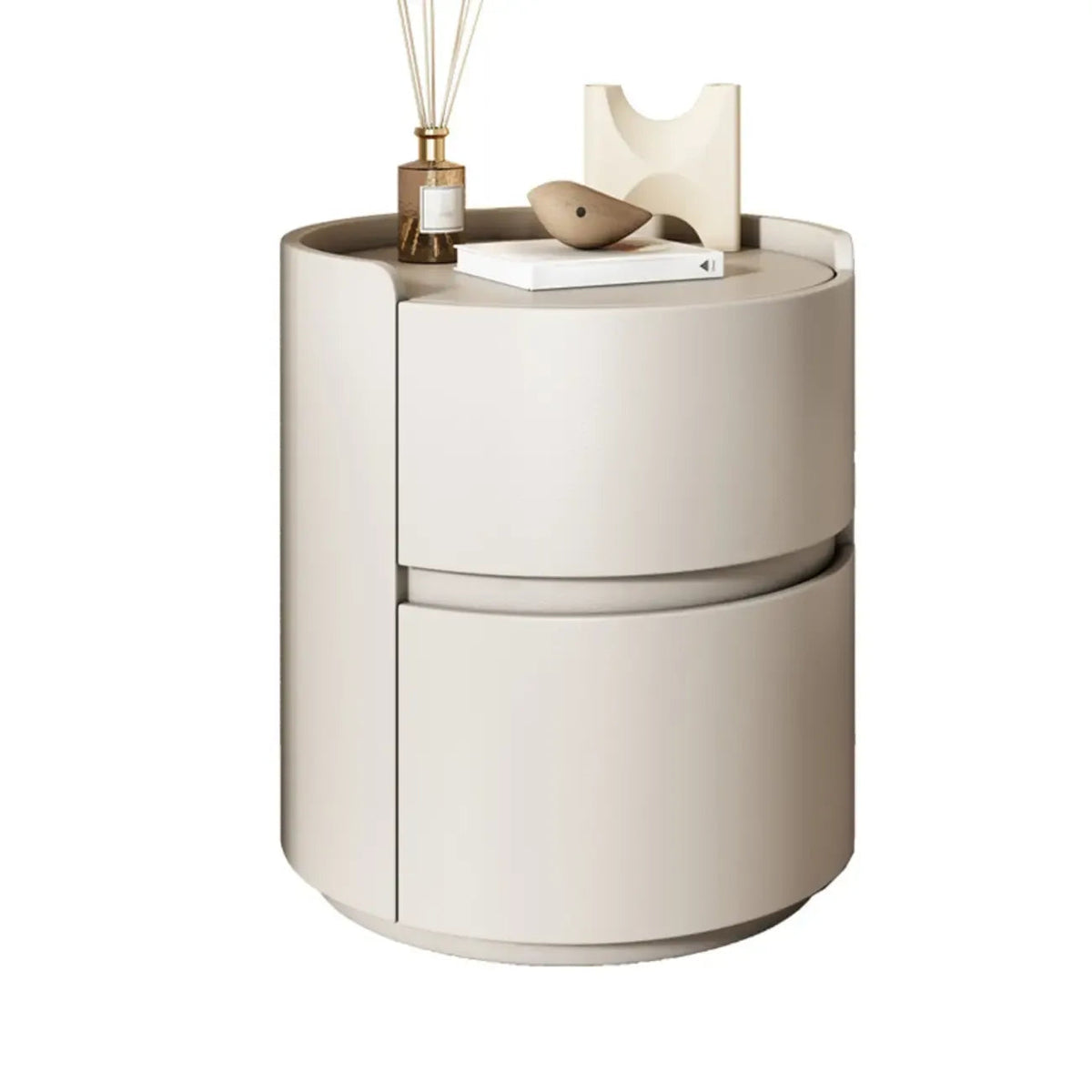 Comodino rotondo moderno con vassoio in pelle e 2 cassetti