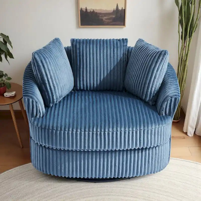 Fauteuil tonneau pivotant surdimensionné en velours côtelé moelleux, accoudoirs rentrés, 43 W