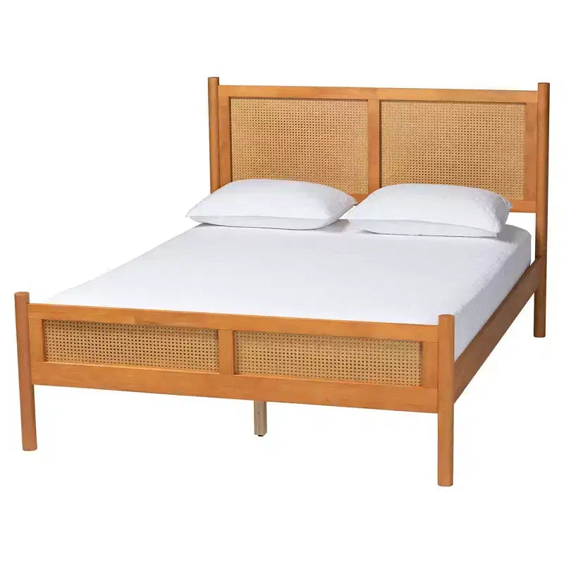 Baxton Studio Jenn Japandi-slaapkamersset van 5 delen in goudbruin hout, queensize, met rotan met verweerde afwerking