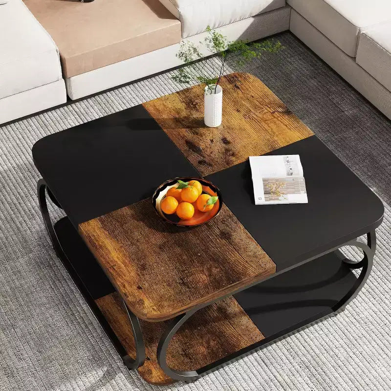 Quadratischer Couchtisch, 40 Zoll, mit 2 Ebenen, niedriger Landhausstil-Tisch mit Ablagefach fürs Wohnzimmer, Schwarz und Rustikales Braun