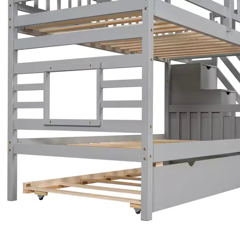 Whisen Twin over Twin House Bunk Bed with Trundle and Slide, Storage Staircase, Roof and Window Design
