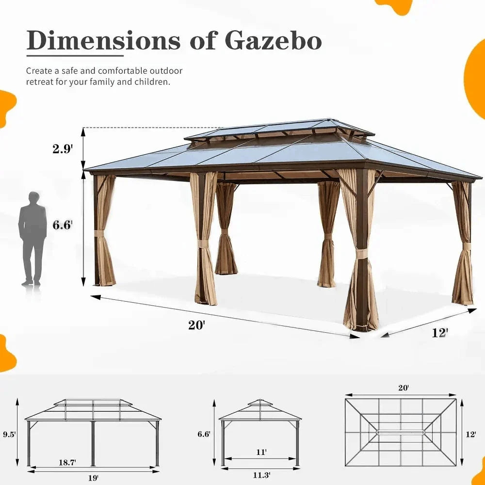 EROMMY hardtop-paviljoen, pergola voor buiten met dubbel dak, netten en gordijnen, extra stevig zonnescherm voor terras, achtertuin en zwembadfeest