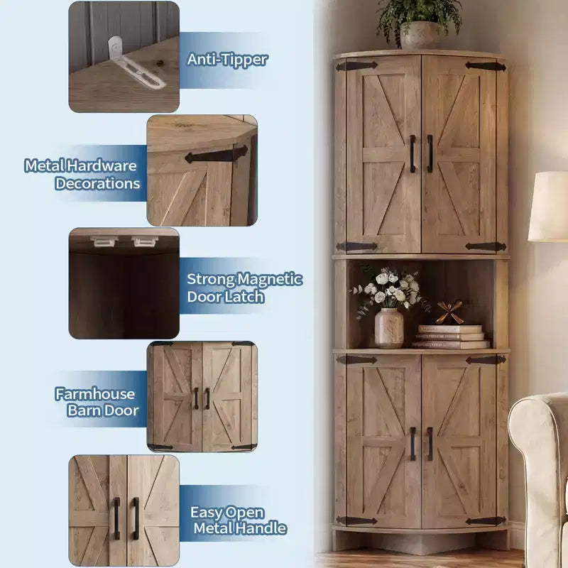 Armoire d’angle haute de 64.8 avec portes, armoire de rangement d’angle marron de style campagnard, garde-manger d’angle autoportant avec étagères réglables