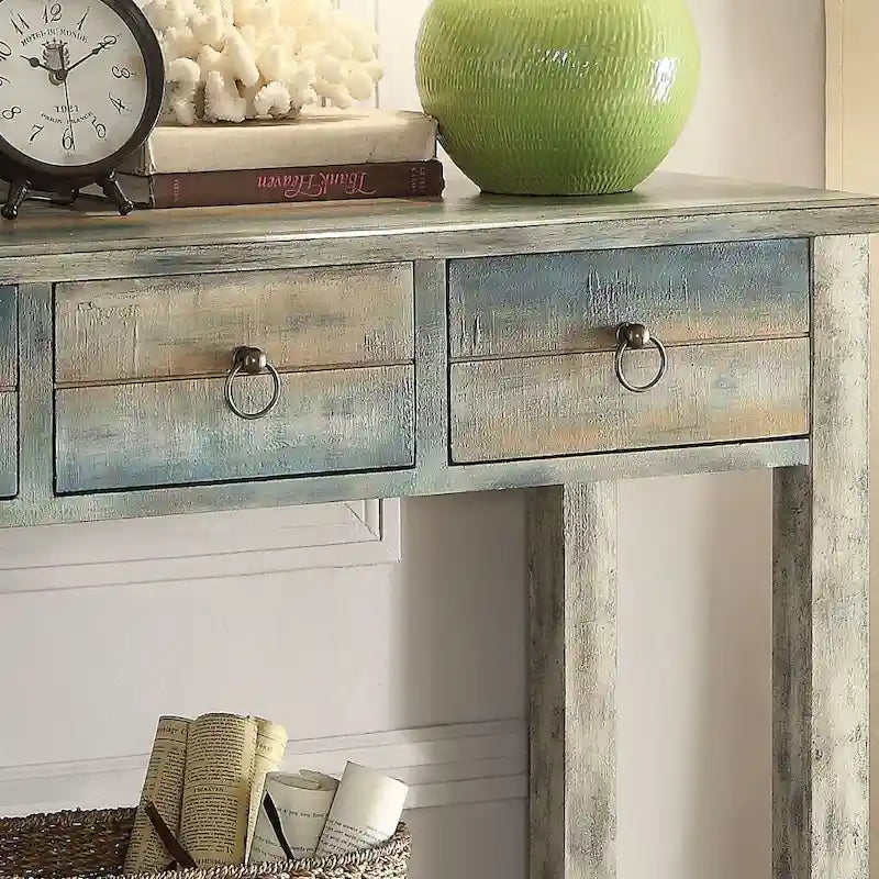 Consoletafel met 3 laden in antiekgrijs en blauwgroen