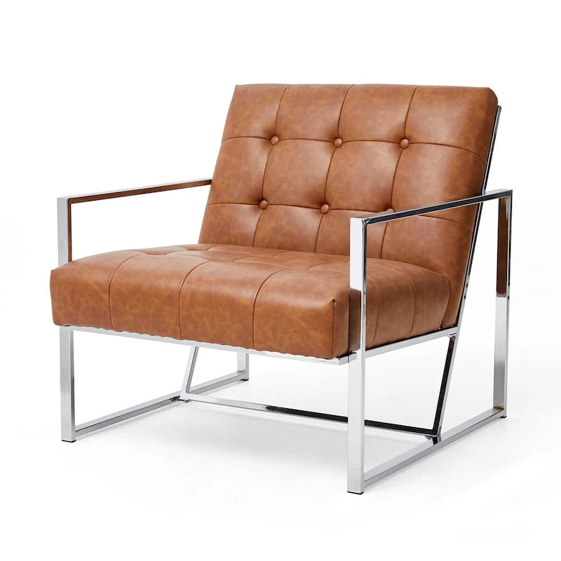 Fauteuil d’appoint Glitzhome crème de style mi-siècle moderne, revêtement en cuir PU capitonné et structure chromée, hauteur de 30.50