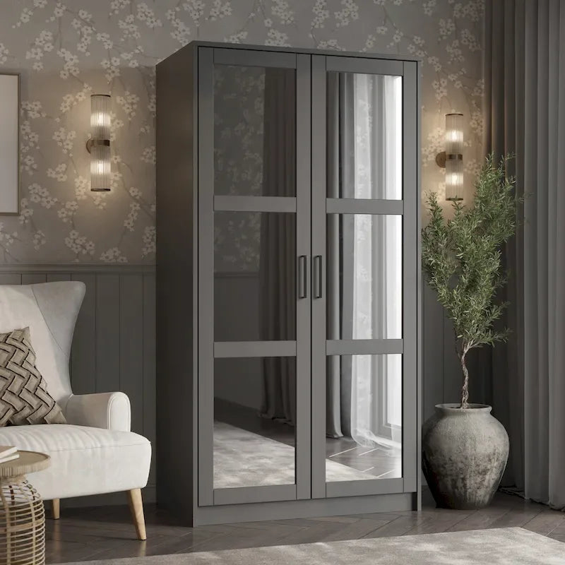 Armadio guardaroba Urban a 2 ante in legno massello al 100%, con ante massicce e a specchio