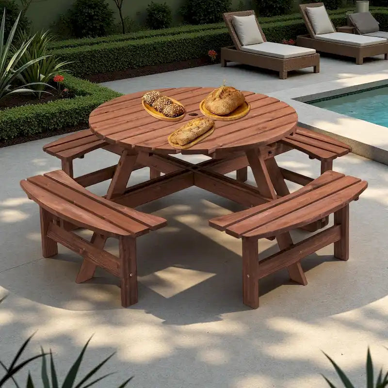 Rundes Picknickset aus Douglasienholz für 8 Personen für Terrasse und Garten, mit 4 integrierten Bänken und Schirmloch