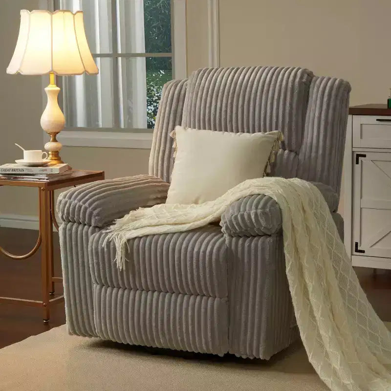 Fauteuil inclinable en velours côtelé, canapé inclinable manuel avec poignée, accoudoirs à plateau rembourré, rembourrage épais, poche latérale, salon, chambre, salle de cinéma maison, gris foncé