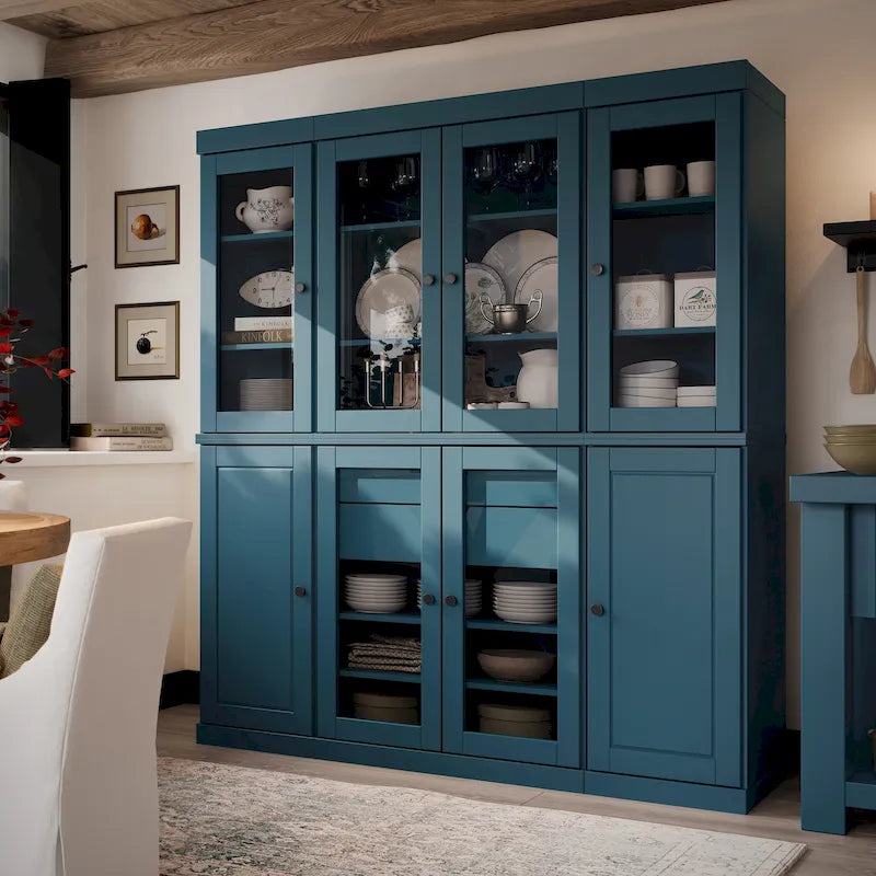 100% Solid Wood Kitchen China Pantry Buffet with Glass or Solid Wood Doors and 2-Drawer Kit 65 x 71.5