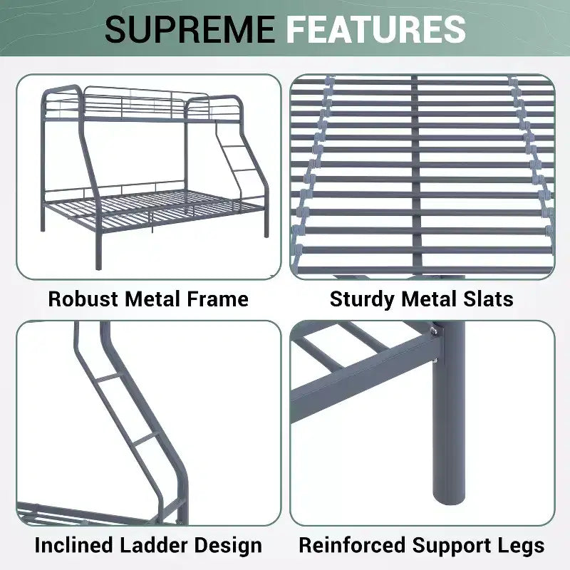 Lit superposé entièrement en métal, design sécurisé à faible hauteur avec barrières de sécurité, échelle inclinée et rangement sous le lit