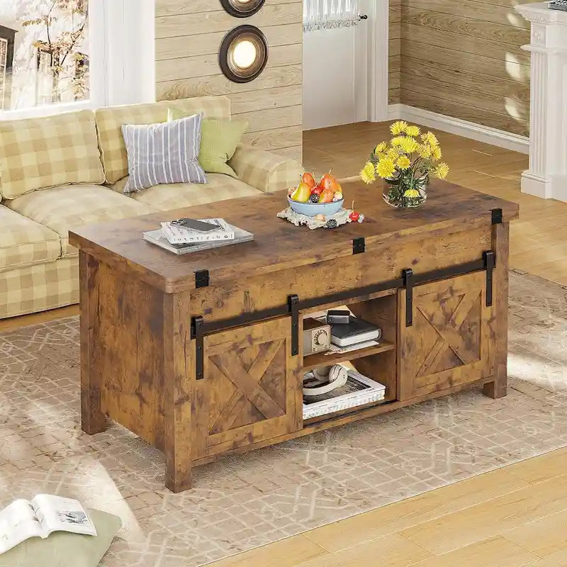 Table basse relevable avec 2 portes coulissantes de style grange, rangement et table à manger