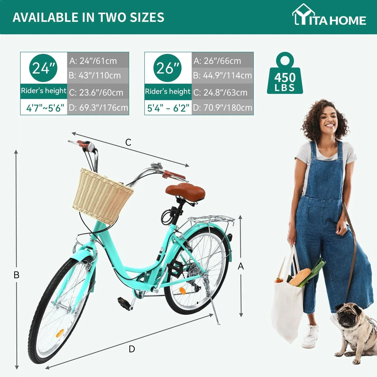 Vélo de ville Moasis24/ 26 à 7 vitesses, cadre ouvert réglable, vélo de déplacement
