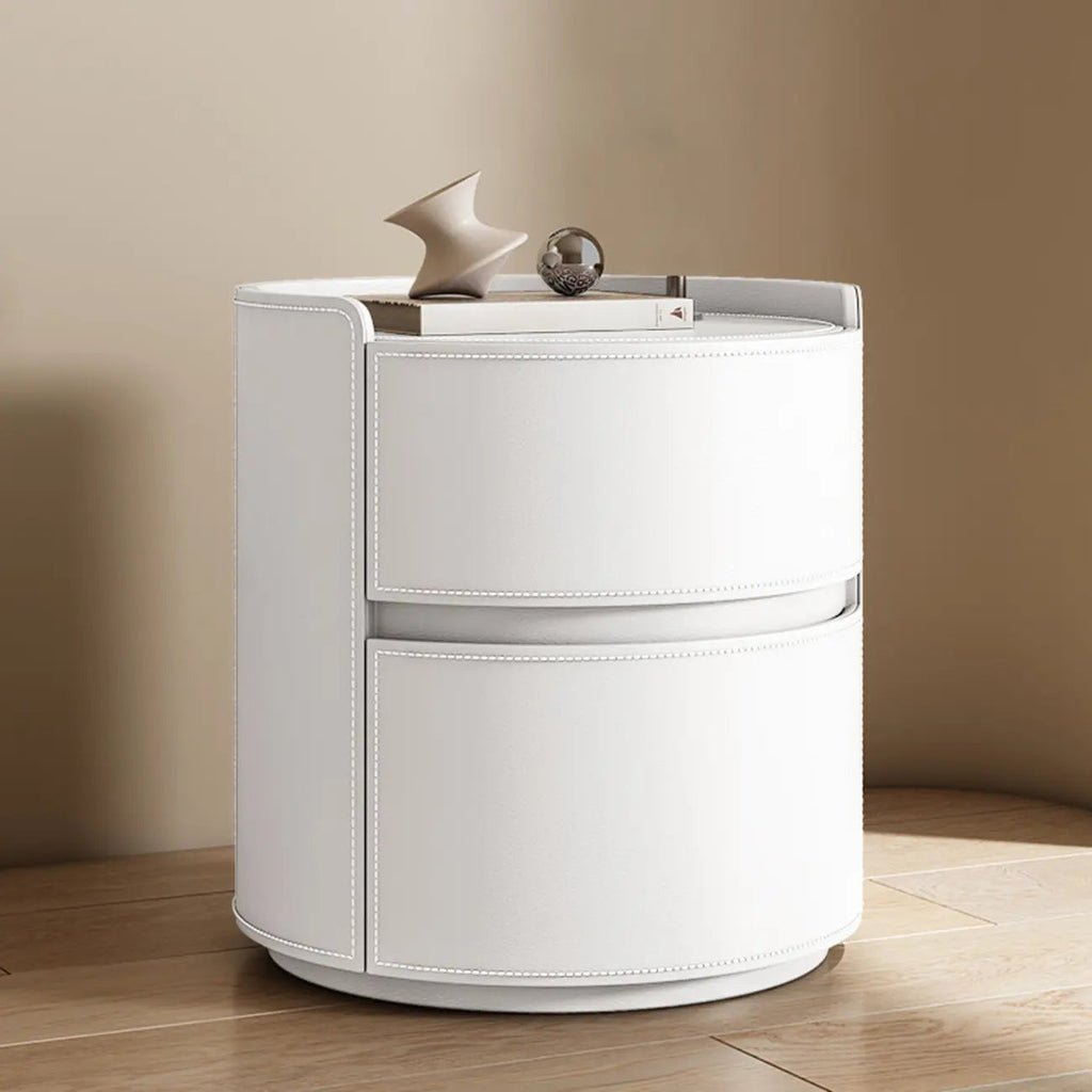 Comodino rotondo moderno con vassoio in pelle e 2 cassetti