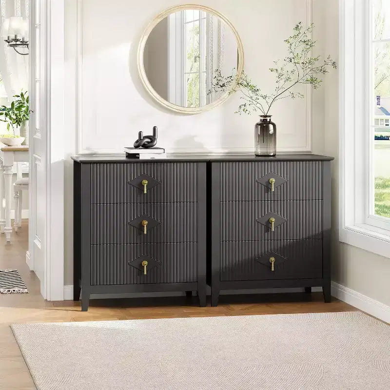Lot de 2 tables de chevet en bois cannelé, commode de 27.5 de large à 3 tiroirs, tables de chevet modernes, commode pour chambre ou salon
