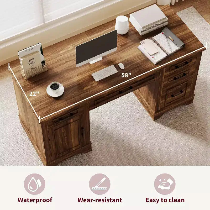 Bureau de direction de style campagnard pour bureau à domicile avec rangement, bureau d’écriture en bois avec 5 tiroirs et armoire, table d’ordinateur rustique pour le salon, la chambre ou le bureau de travail