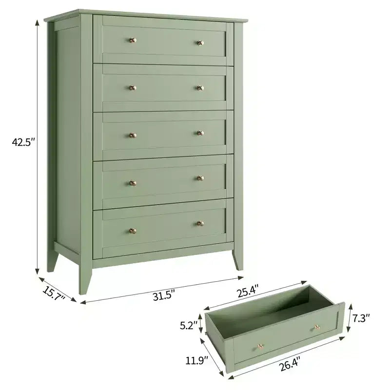 Commode de chambre à 5 tiroirs, hauteur de 42.5 pouces, armoire de rangement en bois avec tiroirs de 11.9 pouces de profondeur et poignées en métal doré, idéale pour l'entrée ou le couloir