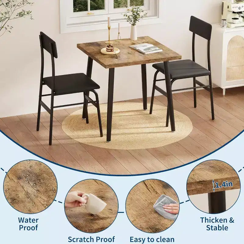 Kleiner Esszimmertisch für 2 Personen, 3-teiliges Küchentisch-Set mit 2 gepolsterten Stühlen, Frühstückstisch für kleine Räume, Esszimmer, Wohnung und Restaurant