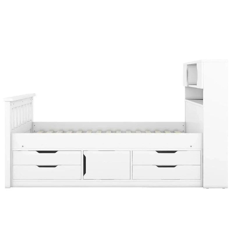Letto a piattaforma Captain singolo/matrimoniale con 4 cassetti e ripiani contenitori, struttura in legno massello con testiera libreria contenitore
