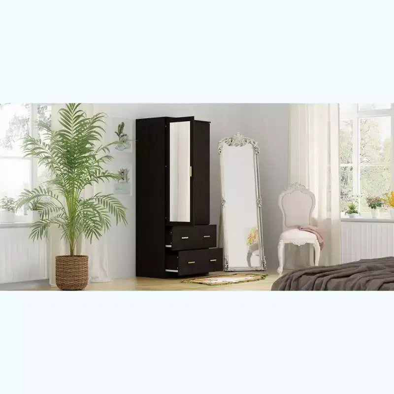 Hitow Kleiderschrank mit Doppelschublade und Spiegeltür, unterteilte Aufbewahrung