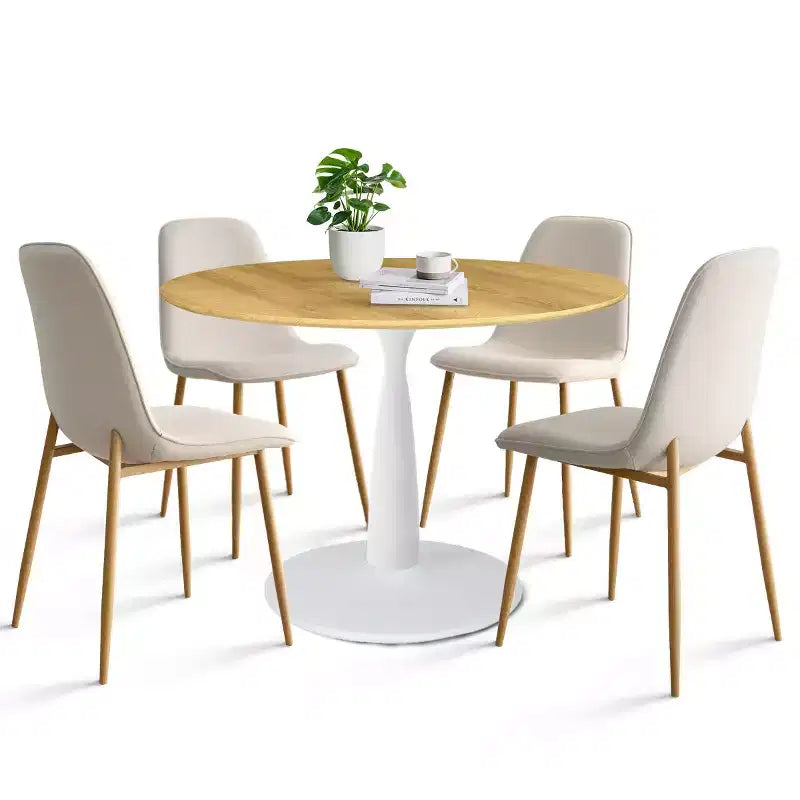 Ensemble de salle à manger rond 5 pièces, table à piètement central de 37 avec plateau effet bois et chaises courbes rembourrées, style moderne-Panipeachy