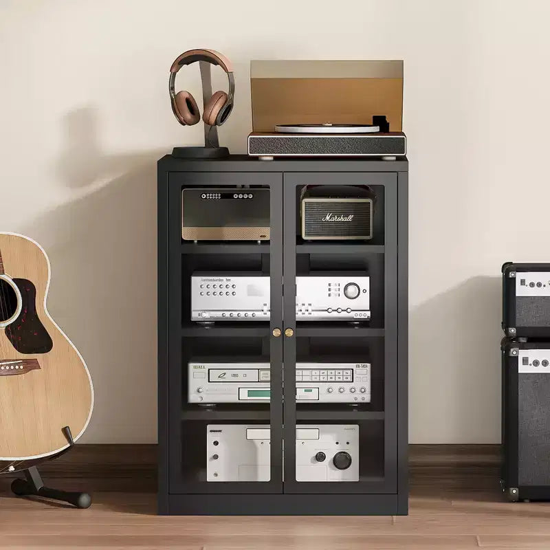 Bekrvio metalen mediakast, stereokast met 4 niveaus, glazen deuren en verstelbare planken, audio-AV-rek met kabelbeheer