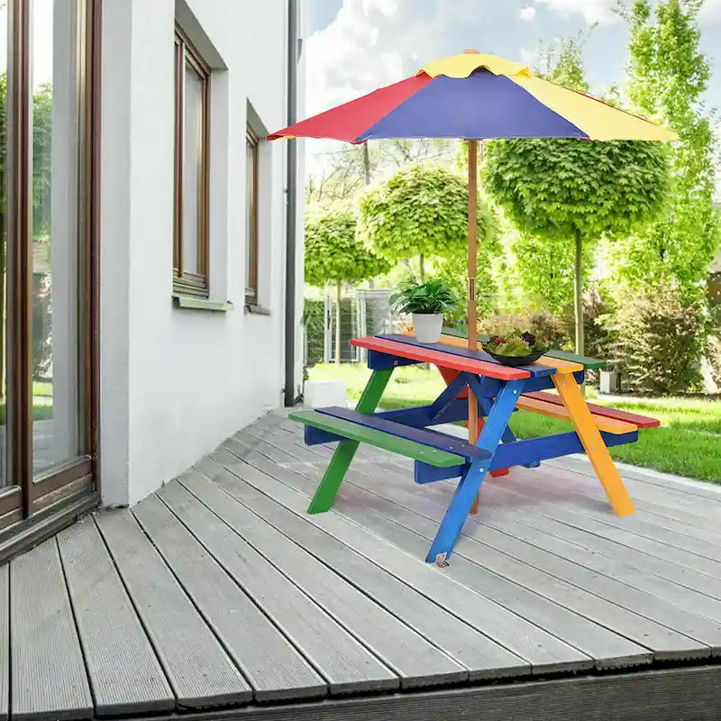 Costway Kinder-Picknicktisch mit 4 Sitzplätzen, Sonnenschirm, für Garten und Hof, klappbar