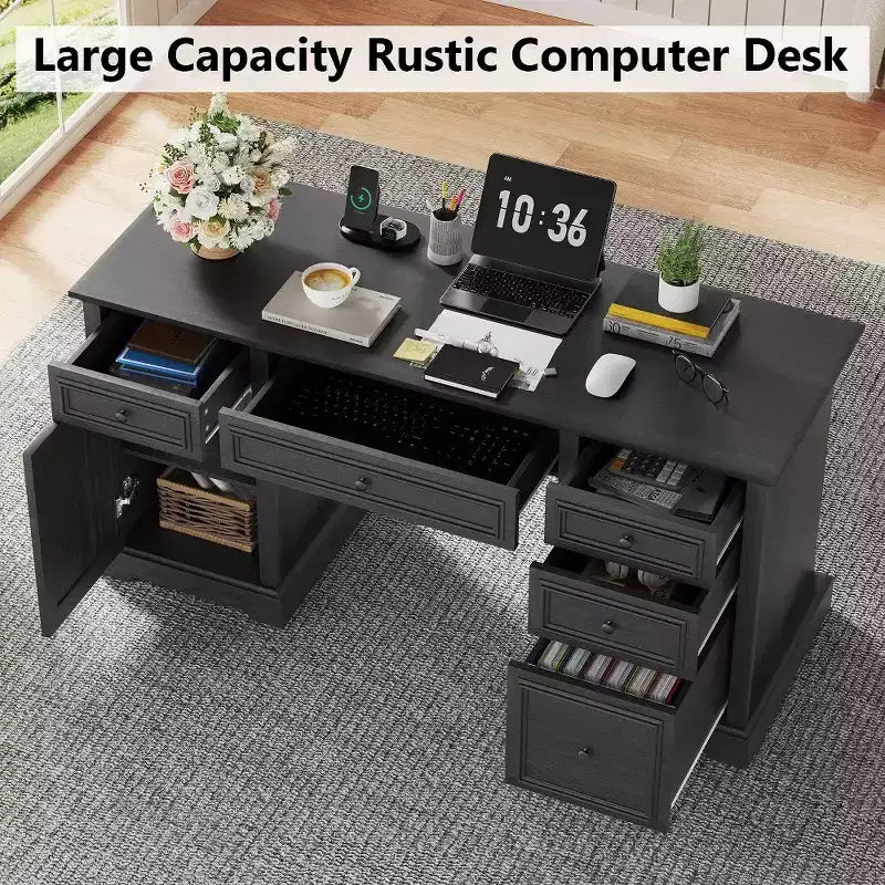 Scrivania direzionale stile rustico da 60 per ufficio domestico - scrivania in legno con cassetti e vani contenitori, scrivania rustica per lavorare o studiare