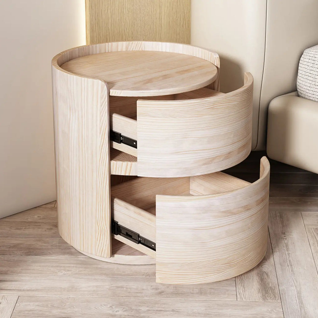 Comodino rotondo moderno con vassoio in pelle e 2 cassetti
