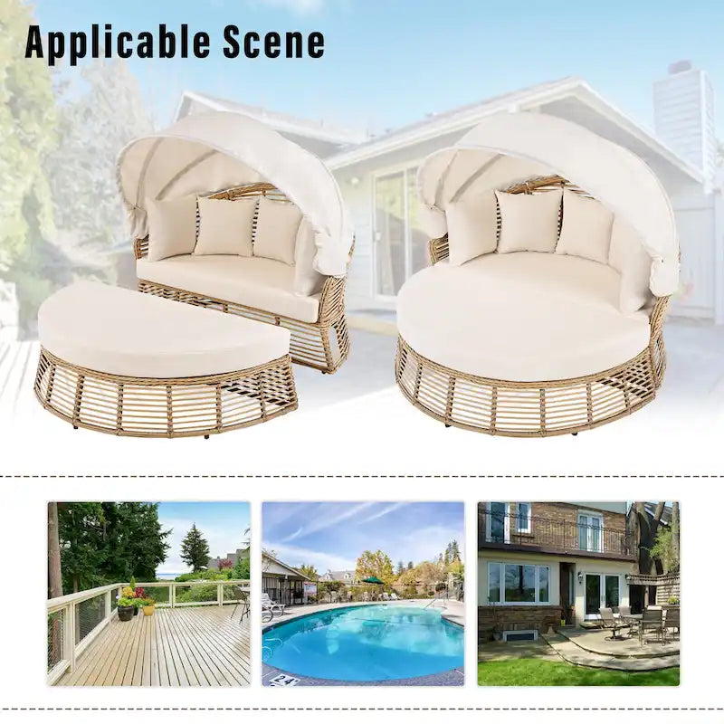 Daybed rotondo da esterno in rattan con tettoia e cuscini rimovibili