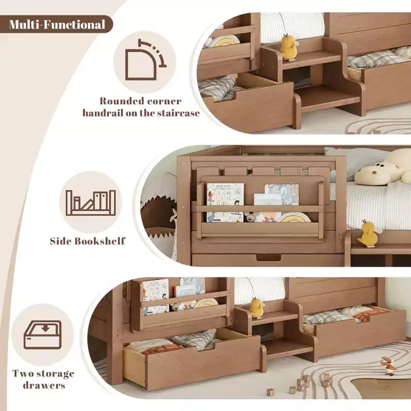 Lit pour enfant Bellemave format queen avec 14 barrières de sécurité, cadre de lit compact avec bibliothèque intégrée et 2 tiroirs de rangement sous le lit