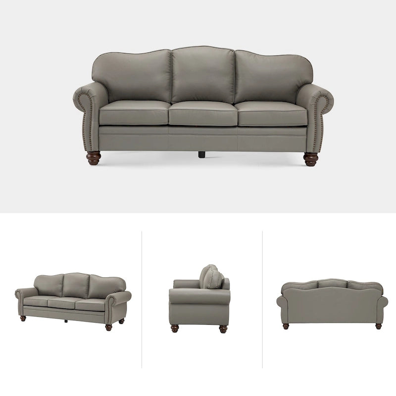 Balvino Sofa mit 81 cm Breite, im Übergangsstil, aus echtem Leder, mit gerollten Armlehnen, Nagelkopfbesatz und abnehmbaren Kissen