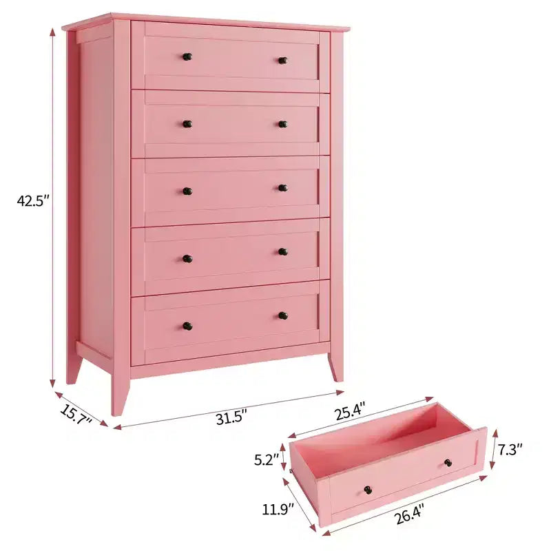 Commode de chambre à 5 tiroirs, hauteur de 42.5 pouces, armoire de rangement en bois avec tiroirs de 11.9 pouces de profondeur et poignées en métal doré, idéale pour l'entrée ou le couloir