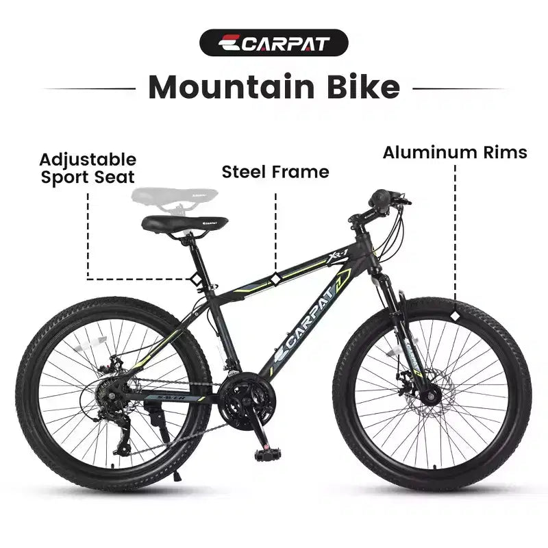 Okak mountainbike van 24 inch met stalen frame, kinderfiets met Shimano 21 versnellingen, dubbele schijfremmen en vering vooraan, fiets voor tieners