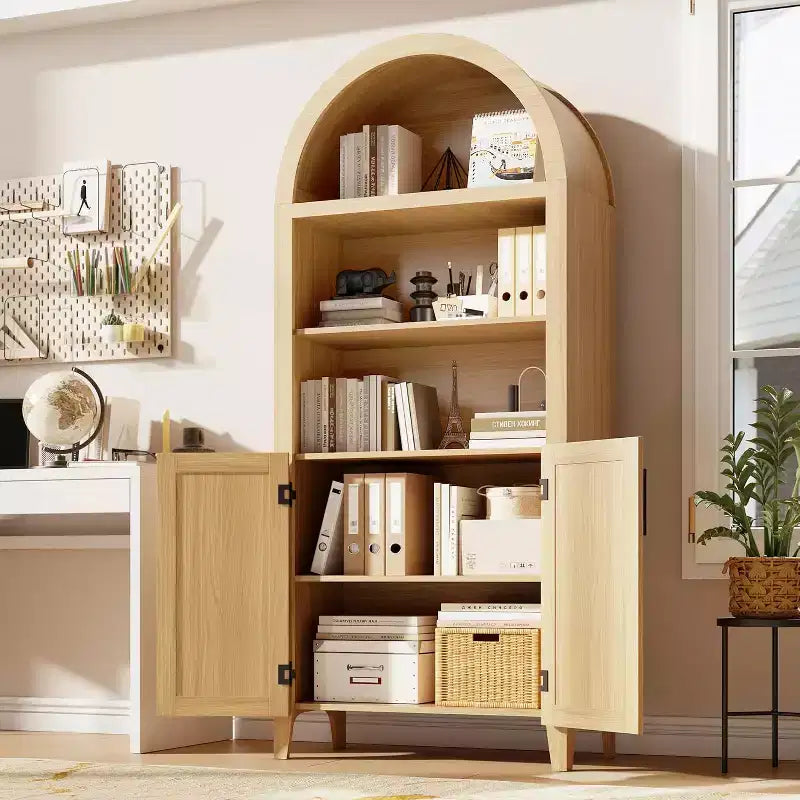 Acekool Vorratsschrank mit Rundbogen und Rattantüren, 5-stufiger Aufbewahrungsschrank im Landhausstil für Küche, Esszimmer und Wohnzimmer