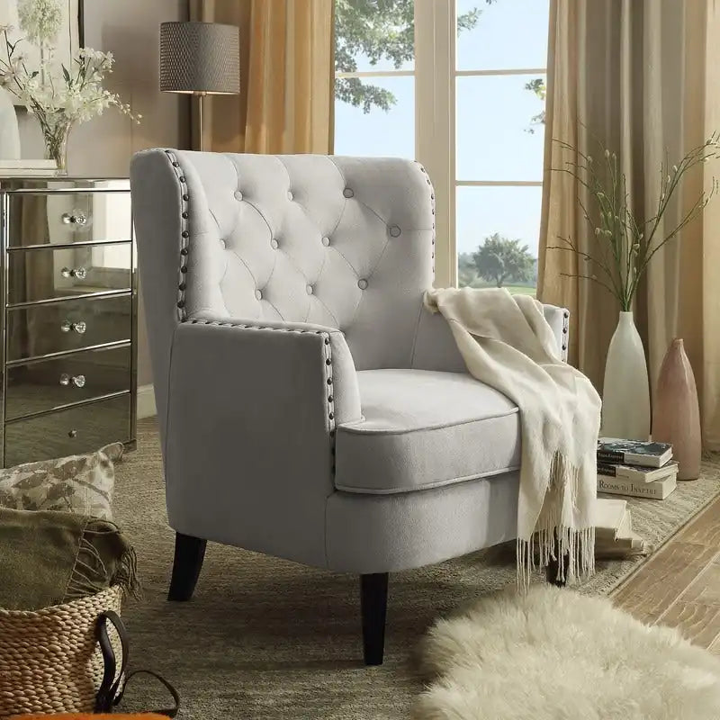 Poltrona decorativa Moser Bay Mignon in velluto/lino, larga 30, con schienale alto e bottoni