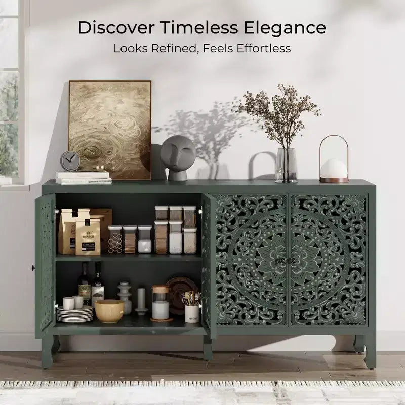 Credenza con contenitore, mobile contenitore dall'aspetto vissuto con 4 ante intagliate e ripiano regolabile, credenza decorativa in legno
