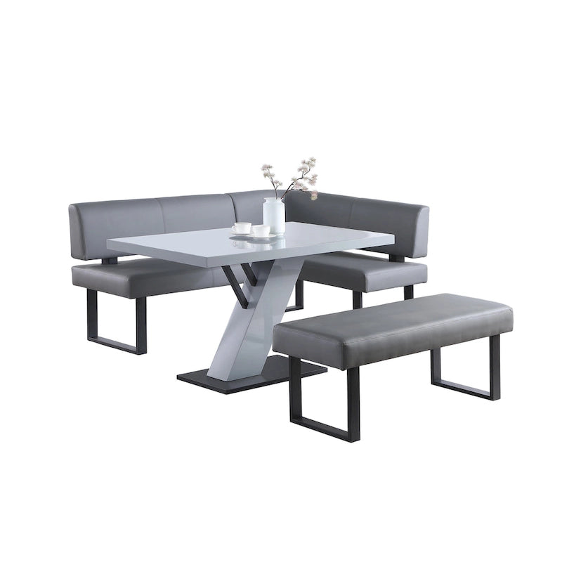 Somette Lillian 3-teiliges Esszimmer-Set in glänzendem Grau mit Esstisch, Essecke und Sitzbank