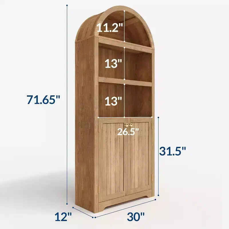 Hoge gebogen kast van 72, boekenrek met 5 niveaus, dubbele deuren en verstelbare plank, houten boekenkast met opbergruimte voor thuiskantoor