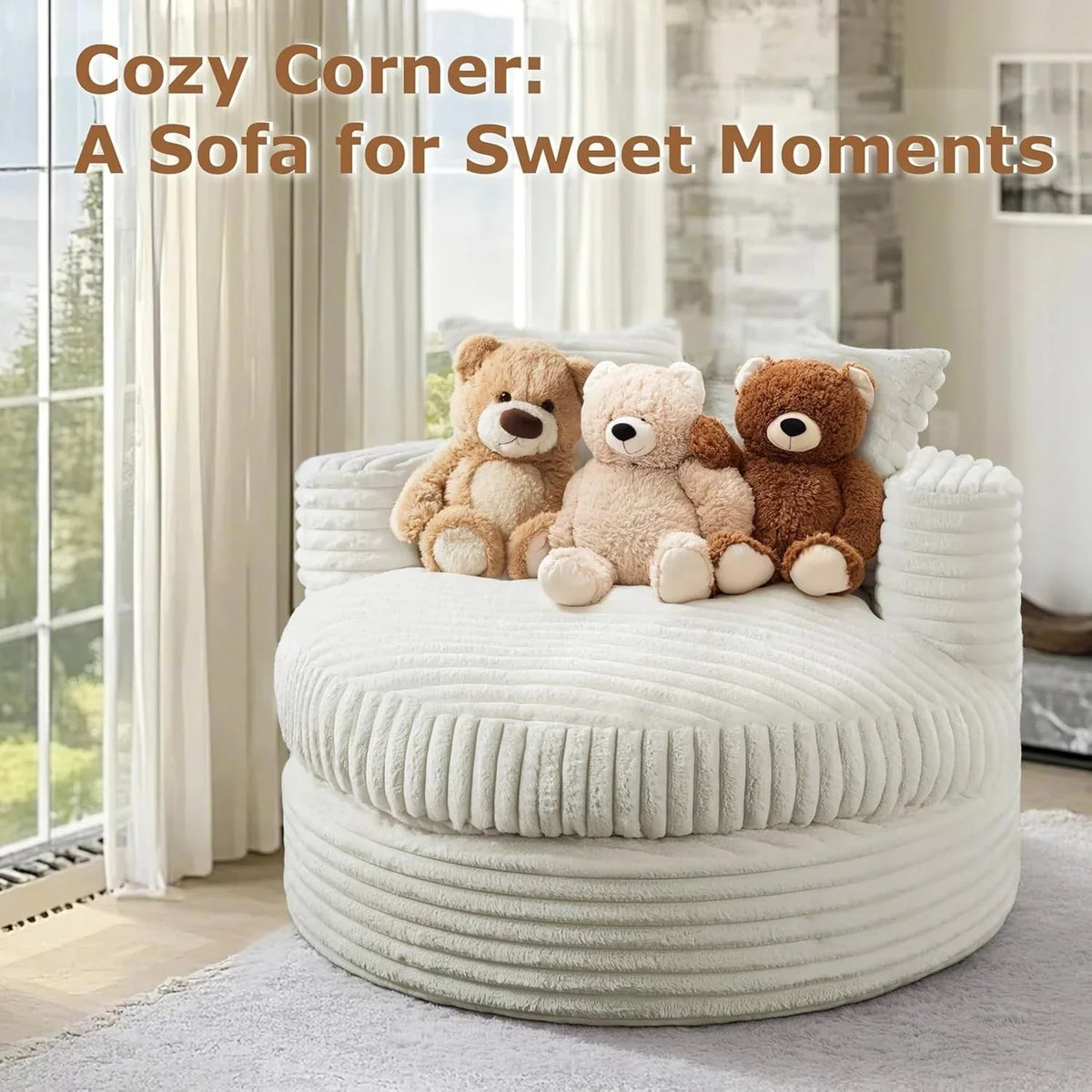 WOWMAX ronde chaise longue van 47 voor binnen, gestoffeerde vloersofa van corduroy, extra grote slaapfauteuil met 2 sierkussens