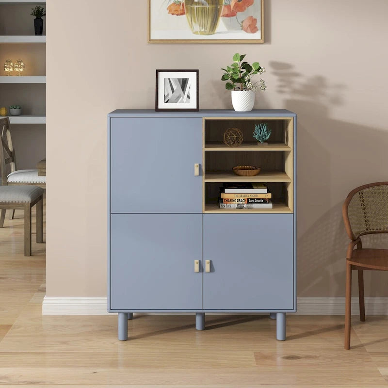 Multifunktionaler Aufbewahrungsschrank mit Tür, modernes Sideboard, Aufbewahrungsschrank aus Holz, Schubladenschrank mit Ledergriffen