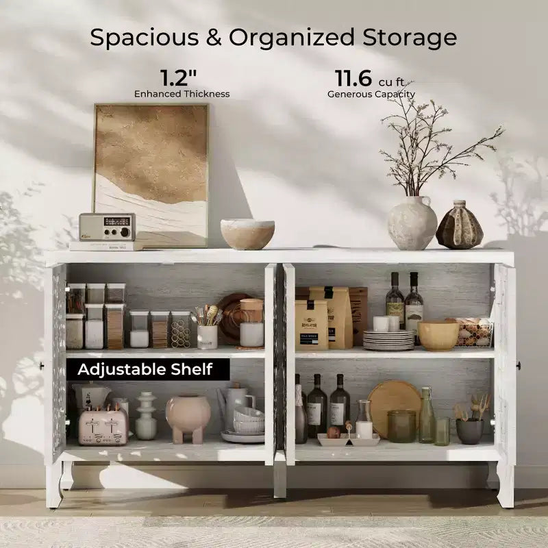 Credenza con contenitore, mobile contenitore dall'aspetto vissuto con 4 ante intagliate e ripiano regolabile, credenza decorativa in legno