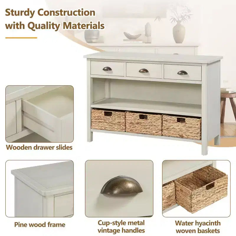 Tavolo consolle da ingresso con contenitore, tavolo da corridoio stile rustico con 3 cassetti e 3 cesti in giacinto d’acqua per soggiorno o ingresso - Panipeachy