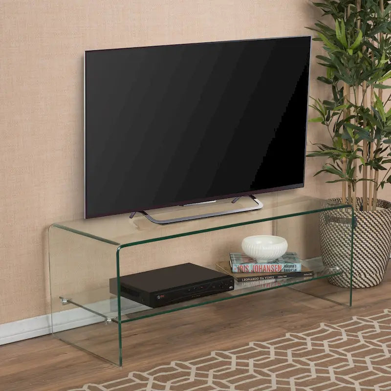 Meuble TV transparent de 39.37 avec dos ouvert et étagère en verre pour téléviseurs jusqu’à 39