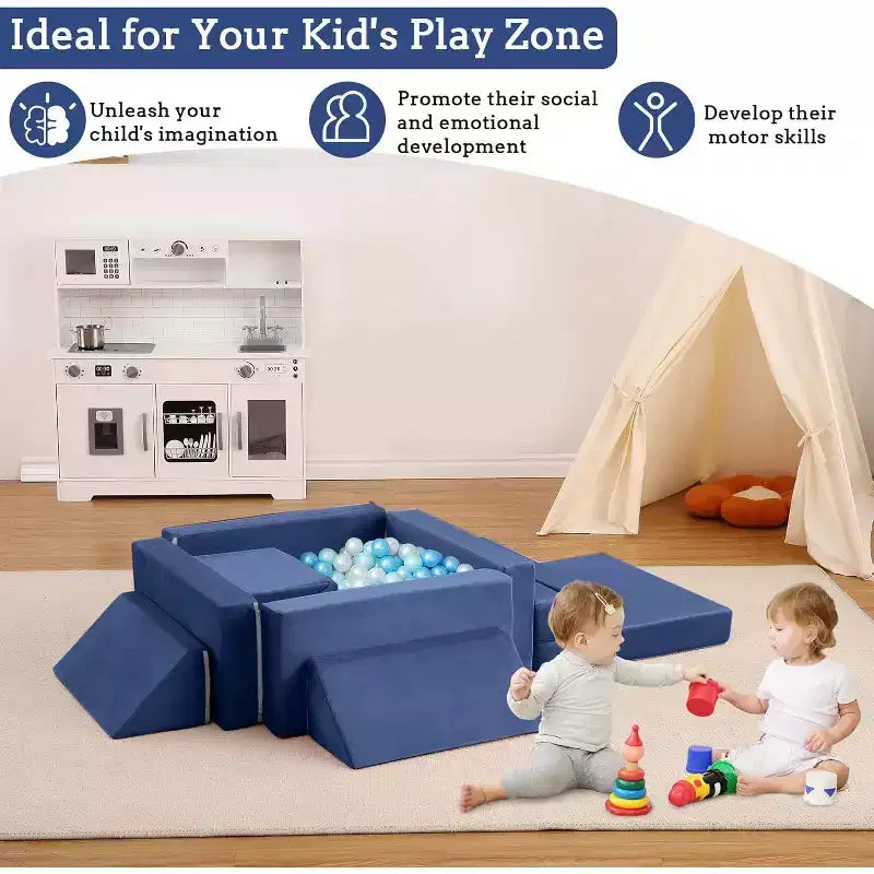 Kletter-Sofa für drinnen, 12-teiliges modulares Spielsofa mit quadratischem Bällebad und Kletterrampe, Spielset mit Polstern