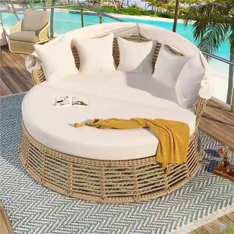 Daybed rotondo da esterno in rattan con tettoia e cuscini rimovibili