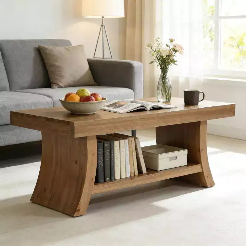 Couchtisch Lantine im Landhausstil, 47.2 Zoll, mit Ablageboden, moderner Mid-Century-Tisch aus Massivholz mit geschwungenem Fuß für das Wohnzimmer, Walnuss