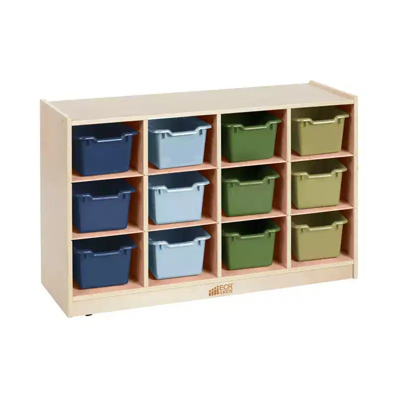 Mobiler Fächerschrank mit Tablettfächern und 15 Behältern mit Schaufelfront, 3x4, Kindermöbel