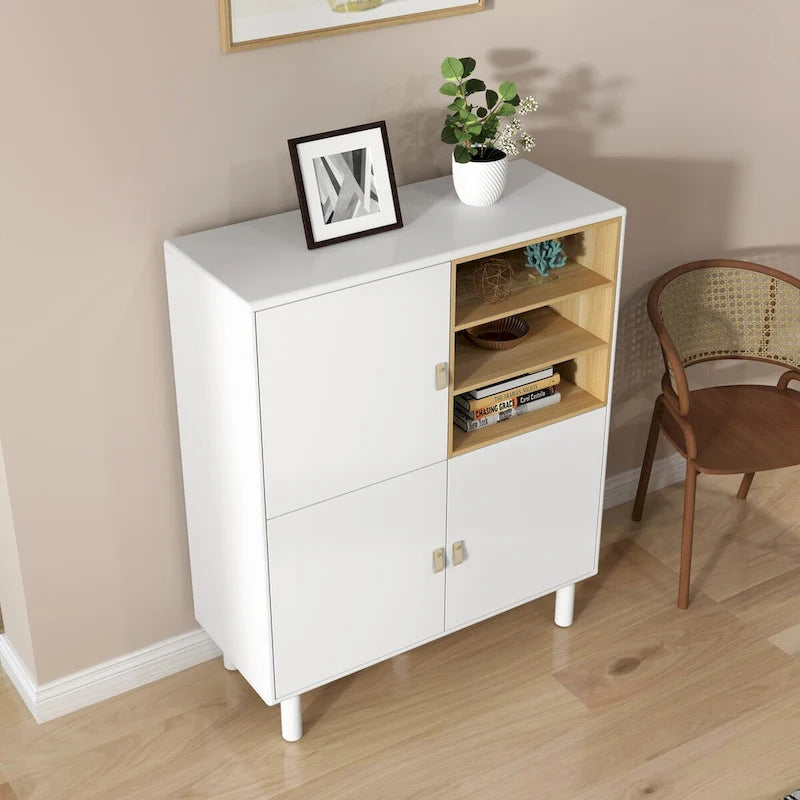 Multifunktionaler Aufbewahrungsschrank mit Tür, modernes Sideboard, Aufbewahrungsschrank aus Holz, Schubladenschrank mit Ledergriffen
