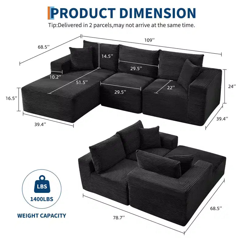 108 Modernes 3-Sitzer-Sofa, gepolstertes Sofa in L-Form mit Kissen, Sofa mit tiefer Sitzfläche, keine Montage erforderlich